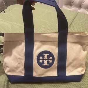 Tory Burch Navy and Cream Canvas Logo Tote